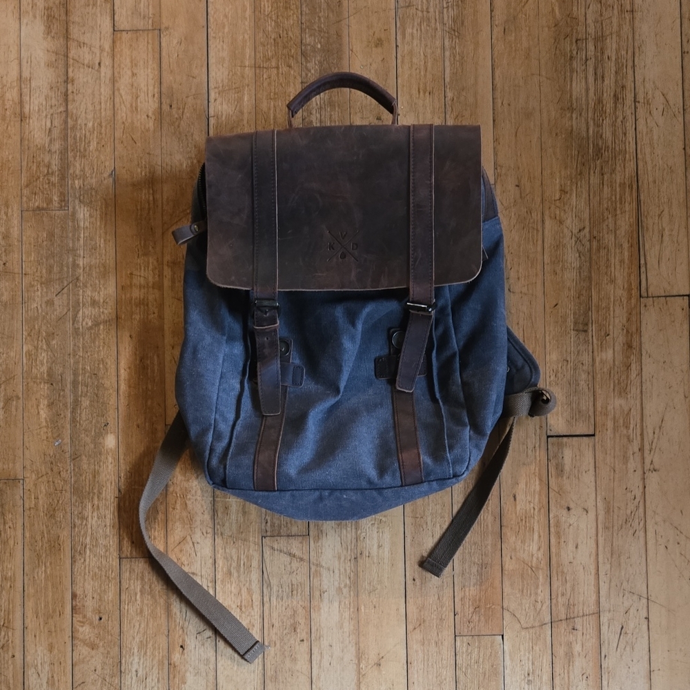 Kovered Brown Leather and Blue/Grey Canvas Travel Backpack